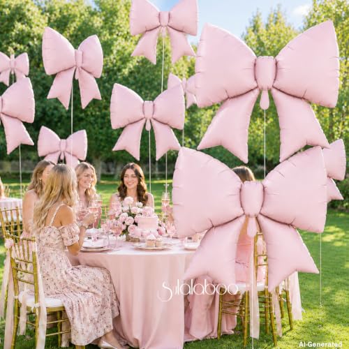 Image of 10Pcs Pink Bow Foil Balloons 38 Inch Big Helium Coquette Party | Light Pink Bow Shaped Balloons for Women Birthday Bridal Shower Wedding Bachelorette Anniversary Engagement Party Decoration