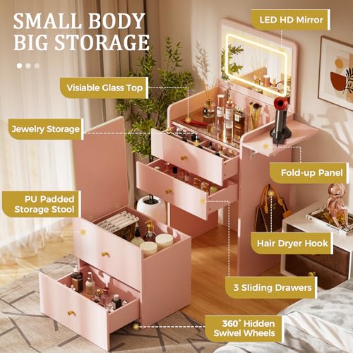 Image of COMHOMA Makeup Vanity Desk with Mirror and Lights, Small 3 in 1 Vanity Table with Visible Glass Top, Flip Top & 3 Drawers, Compact Dressing with Storage Stool for Room or Office