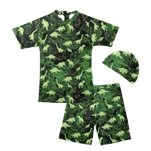 Yruonazao Green Dinosaur Swimming Suit for Boys Rash Guard Swim Set 3 Piece Zip Rashguard Swim Shirt and Bathing Suit Trunk Swim Cap 12T Summer Infant Beach Swimwear Surfing Holiday Pool Party