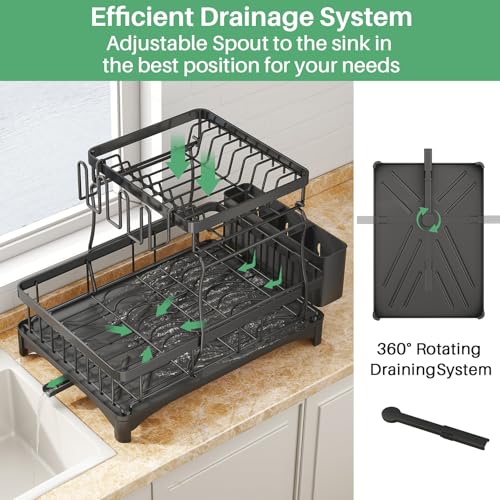 Image of SAYZH Detachable 2 Tier Dish Drainer and Drainboard Set, Large Capacity Organizer Shelf With Utensil Holder, Cup Rack for Kitchen Counter, Black