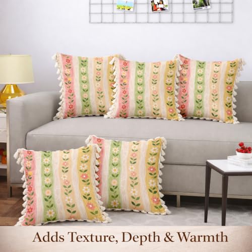 Image of STITCHNEST 'Little Meadow Series' Tassled Cushion Cover | Set of 5 | Floral Cushion Cover 16 inch x 16 inch
