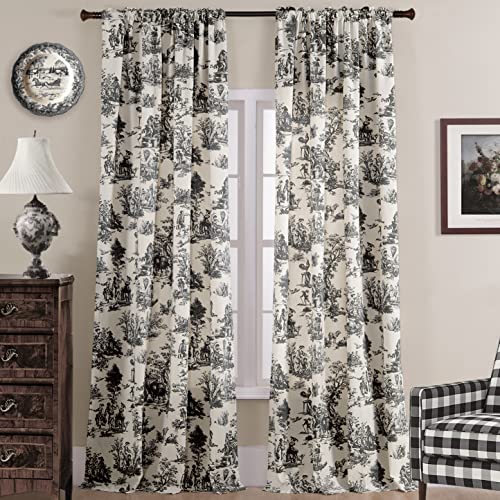Lot de 2 Rideaux Classiques et Modernes en Toile de Coton avec Motif Floral et imprimé sur Lin crème pour Salle à Manger, Noir et Blanc, 132 x 274 cm de Long
