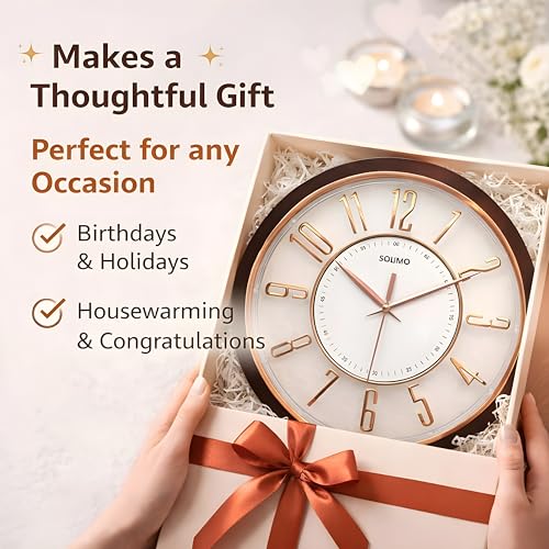 Image of Amazon Brand - Solimo 12.7 Inches Silent Wall Clock for Living Room Bedroom Office Wooden Look Plastic 3D Easy to Read Numbers Modern Stylish Sweep Movement Wall Clock for Home - 1600TS (Wood Copper)