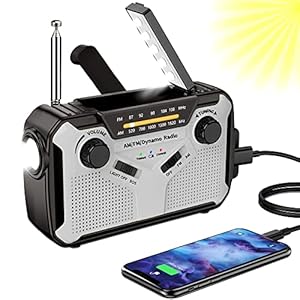 Zonne-radio, AM/FM draagbare crankradio, Dynamo noodradio met 4000 mAh oplaadbare batterij, LED-zaklamp, SOS-alarm voor kamperen, buiten, noodsituatie (03)