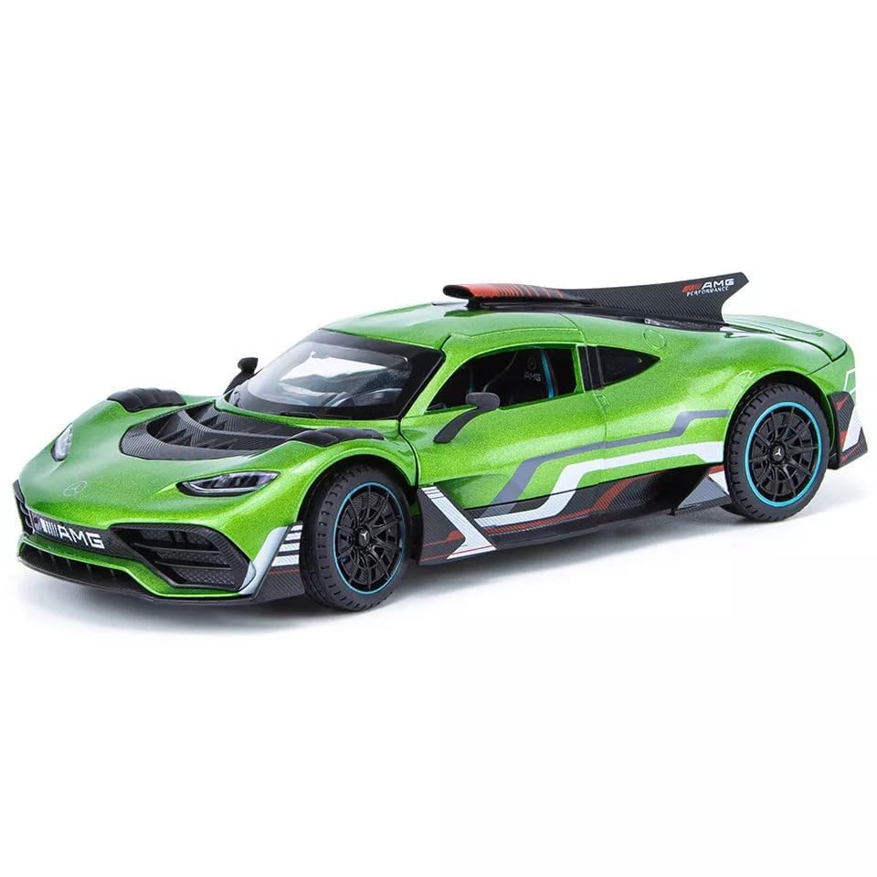 Image of 1:24 AMG ONE Diecast Metal Car Pull Back Alloy Model Toy with Openable Doors Lights & Sound Realistic Collectible Supercar Gift for Kids Boys & Car Enthusiasts (Green)