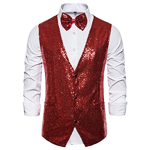 Men's Sequin Vest With Bow Tie Party Formal V-Neck Shiny Waistcoat For Wedding Party Events Carnival Formal Wear2