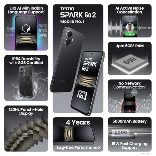 Image of Tecno Spark GO 2 (Ink Black, 3GB+64GB) | Segment 1st IP64 SGS Certified | Segment's 1st AI with Indian Languages | Segment's 1st No Network Communications* | 120Hz Display |5000mAh Battery