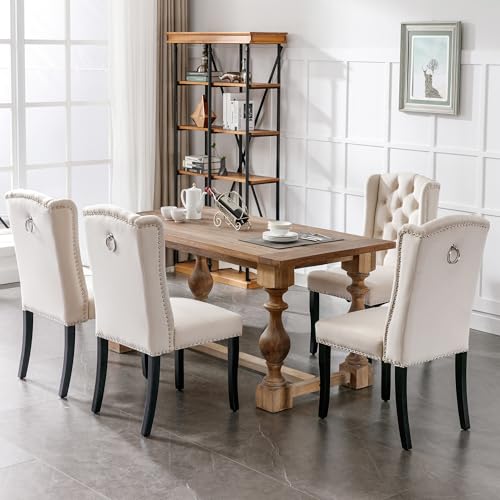 Merax Lot de 4 chaises de salle à manger en velours avec pieds en chêne, frappe chromée, design de boutons et tête de clous, confort d'assise élevé,...