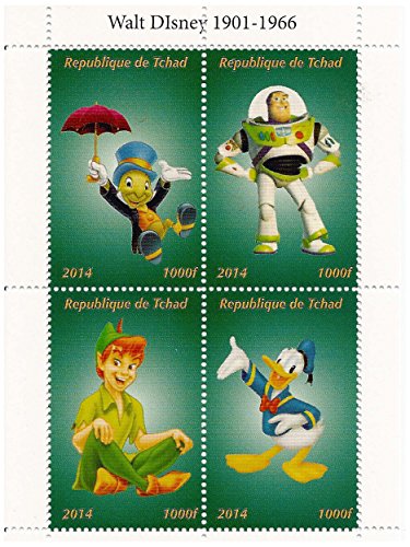 Pixar e Disney foglietto francobollo con Peter Pan, Buzz Lightyear, Paperino e Jiminy Cricket / 4 francobolli / 2014 / Ciad / 1000F