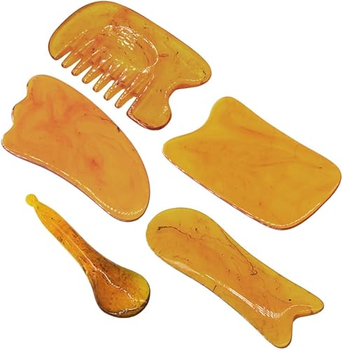 Kit de herramientas de masaje de raspado Gua Sha, resina ámbar cera de abejas Guasha, placa de raspador, herramienta de peine para masaje de tejido