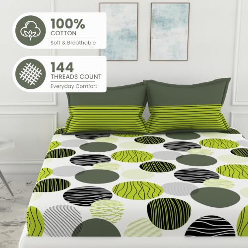 Image of LORETO - A QUALITY LINEN BRAND 144 TC 100% Pure Cotton Double /Queen Fitted Bedsheet with 2 Pillow Covers for 72 x 60 Inch Mattress, All-Around Elastic, 8 Inch Deep Pocket, Olive Green & Black Circles