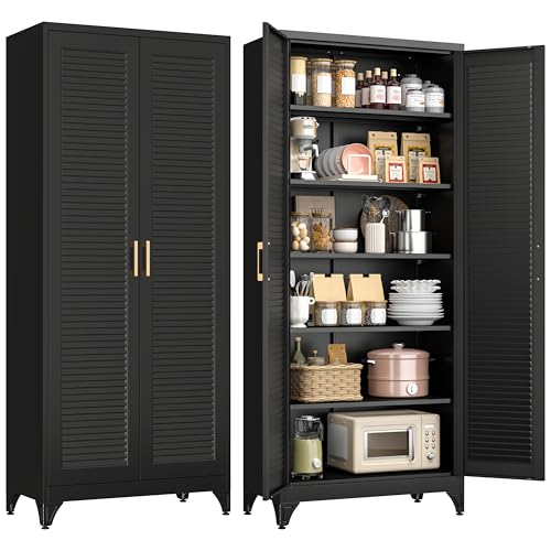 Image of Polup 75 inch Metal Storage Cabinet with Doors and Shelves, Black Kitchen Pantry Cabinet, 6-Tier Freestanding Tall Storage Cabinet for Garage, Office, Bathroom, Laundry Room, Dining Room