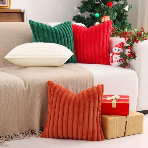 Image of Pallene Faux Fur Plush Lumbar Throw Pillow Covers 12x20 Set of 2, Luxury Soft Fluffy Striped Decorative Pillow Covers for Sofa, Couch, Living Room, Christmas Green