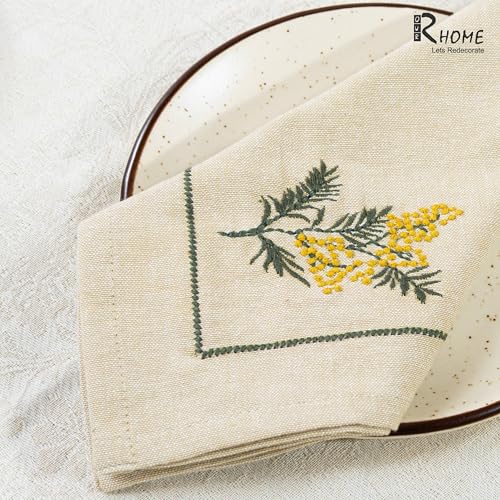 Image of R home Premium Embroidered Cotton Table Napkins Set of 6 Reusable Cloth Dinner Napkins Soft Washable Dining Table Linen Elegant Kitchen Coffee Table Decor (R home Mimosa Sprig, 45X45 CM)
