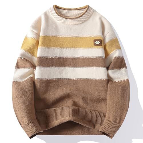 Men's Color Block Striped Knit Sweaters Cable Knit Pullover Sweater Round Neck Fall Winter Chunky Knitted Sweater2