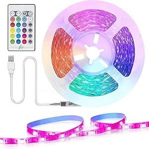 ruban led 2m, tasmor bande led rgb 5050 multicolor lumière auto adhésif avec télécommande, 16 couleurs et 4 modes derrière l'éclairage led tv décoration pour maison, cuisine et chambre
