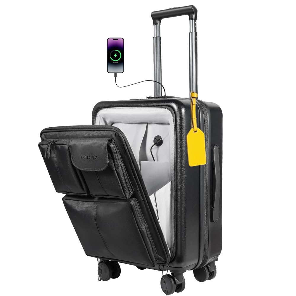 Expandable Travel Carry On Luggage with Smart Front Laptop Pocket USB-A C Charging Port TSA Lock 20 Inch