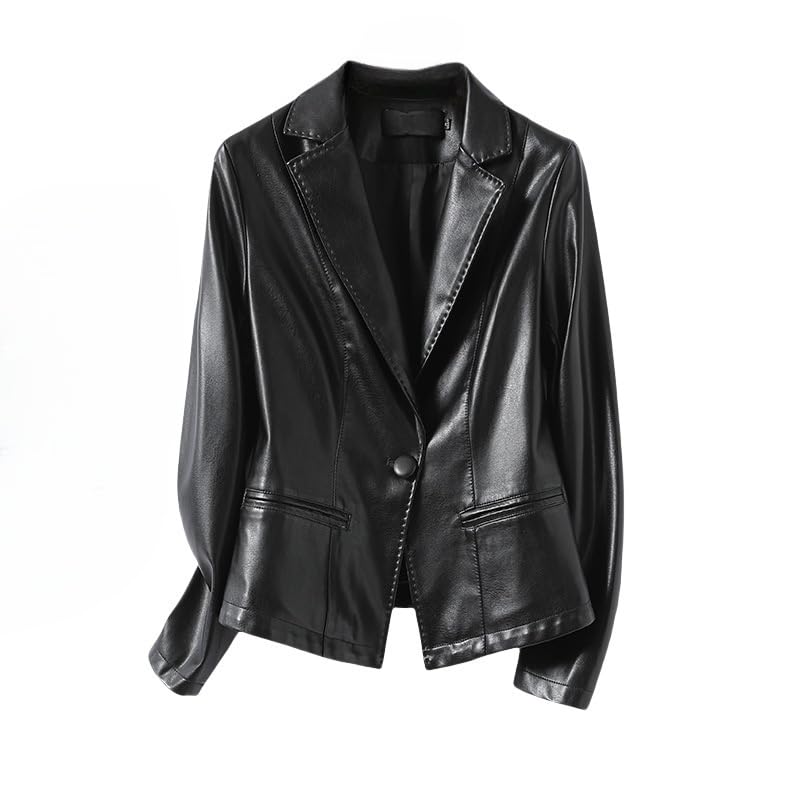 Blazer De Cuero para Mujer Blazer De Piel De Cordero De 1 Botón Chaqueta Informal para Oficina Chaqueta Corta Entallada con Bolsillos Abrigo De Manga Larga Negro M