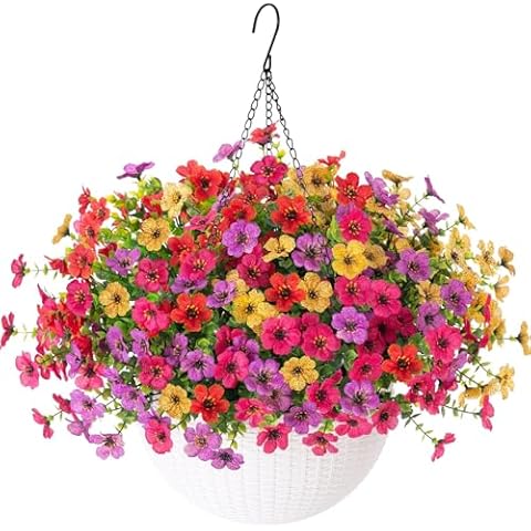 Ivydale Artificial Fake Hanging Flowers Plants Baskets for Outdoors Outside, Faux Silk Colorful Daisy Realistic UV Resistant for Porch Patio Yard Balcony Home Summer Decoration Cover