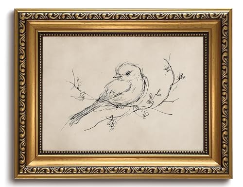 LHHJDIO Vintage Gold Framed Wall Art Minimalist Bird Canvas Wall Art Farmhouse Sketch Picture Wall Decor Rustic Nature Painting Art Prints for Living Room Bedroom 8"x10"