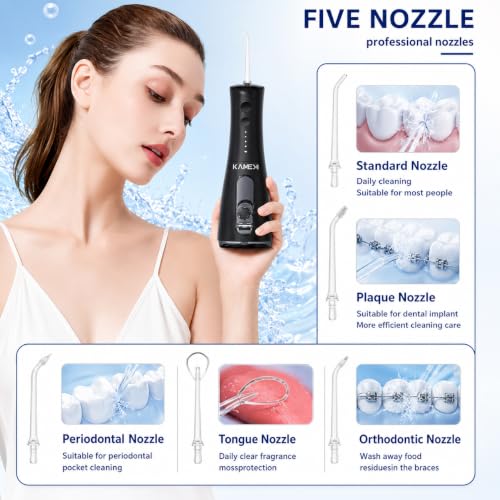 Image of KAMEX Cordless Water Flosser for Teeth Cleaning: Portable Oral Irrigator with 300ML Tank, 5 Jet Tips, 4 Modes, 40-120 PSI, IPX7 Waterproof, Rechargeable Dental Water Pick for Braces & Sensitive Gums