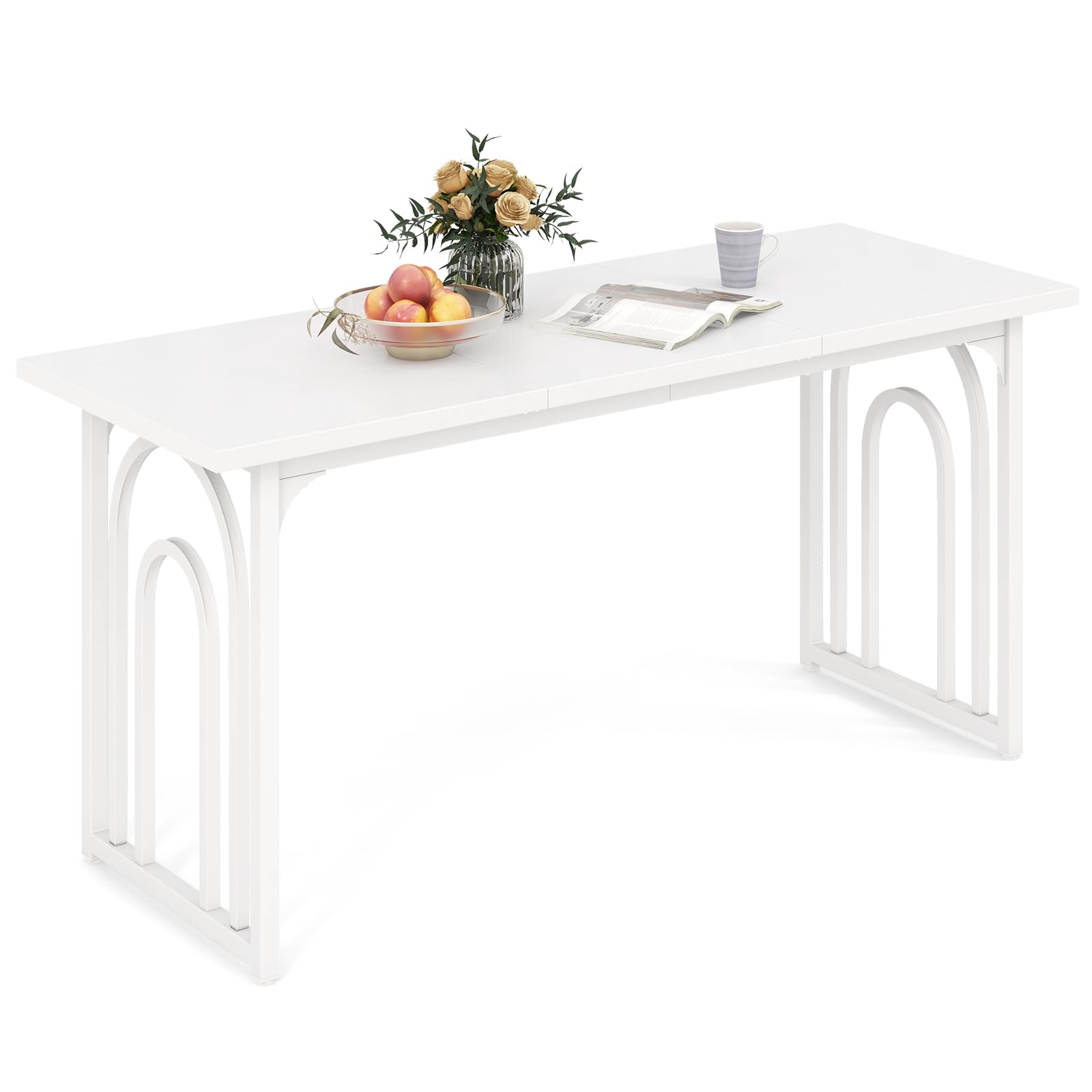 COSTWAY Large Dining Table for 6-8 People, 160 x 60cm Rectangular Dinner Table with Metal Legs & Adjustable Foot Pads, Modern Kitchen Dining Room Office Working Desk (White)