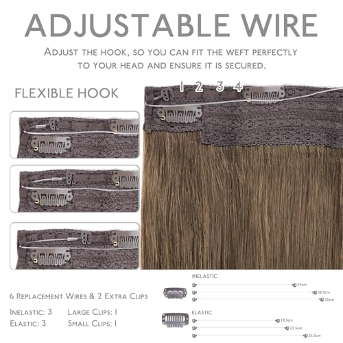 Image of WENNALIFE Wire Hair Extensions Real Human Hair 22 inch 150g Muted Light Brown Brunette Remy Hair Invisible Transparent Wire Straight Reusable Natural Easy to Apply Reusable for Volume