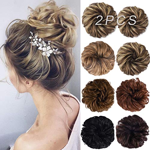 Messy Bun Hair Piece, 2PCS Tousled Updo Hair Extensions Hair Bun Curly Wavy Ponytail Hairpieces Hair Scrunchies with Elastic Rubber Band for Women Girls Chocolate Brown Ash Blonde Highlights L10H24