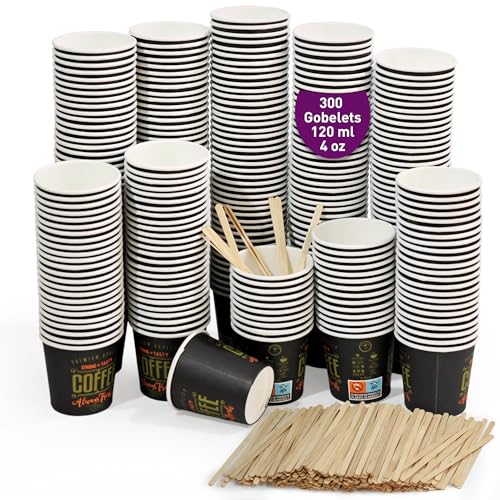 300 gobelets à café jetables 120 ml, gobelets jetables en carton avec agitateurs à café en...