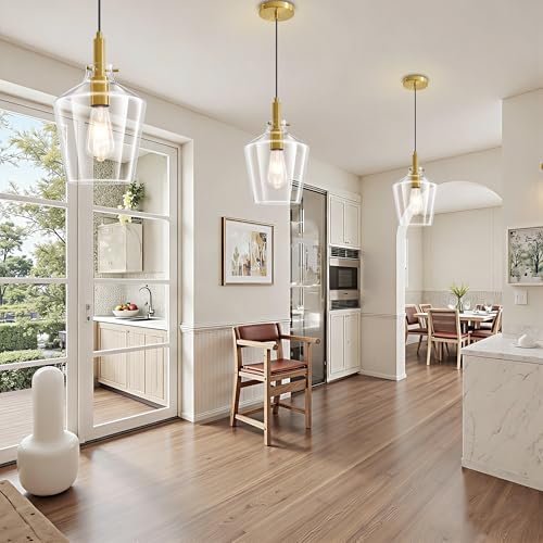 Image of Glass Pendant Lighting for Kitchen Island Entryway 3 Pack Gold Clear 8 Inch | Adjustable cord Dimmable, E26 bulbs, Rust-resistant Damp Rated For Bathrooms, 5-Year Manufacturer Warranty, UL Certification
