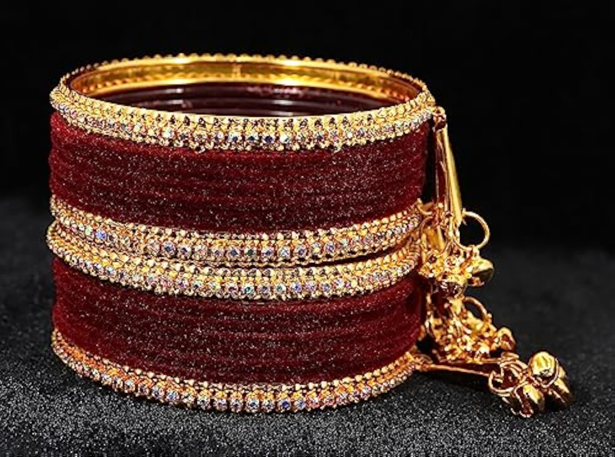 Gold Zircon Gemstone Velvet Bells Bangles Set 2.8 Inches