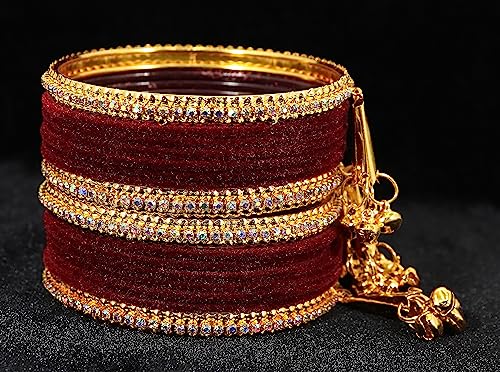 Image of NMII Metal with Zircon Gemstone and Velvet Studded Bells Latkan Bangles Set For Girls and Women I Latkan Bangles, Premium Bangle Bracelet Set I Pack of 16 Bangles