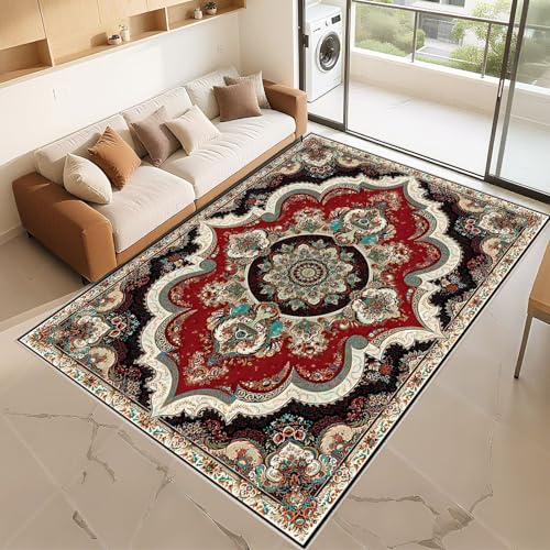 Tapis de chambre anti-dérapant rouge 120x160cm vintage floral pour salon - 2