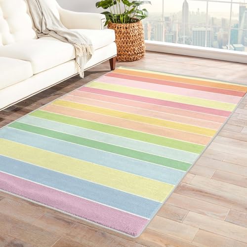 AUWUUA Alfombra de Rayas arcoíris de 100 x 140 cm, Lavable, con Rayas de Colores para Dormitorio de niñas, Moderna Alfombra con Pinceladas Pastel para Aula, guardería y Sala de Estar.