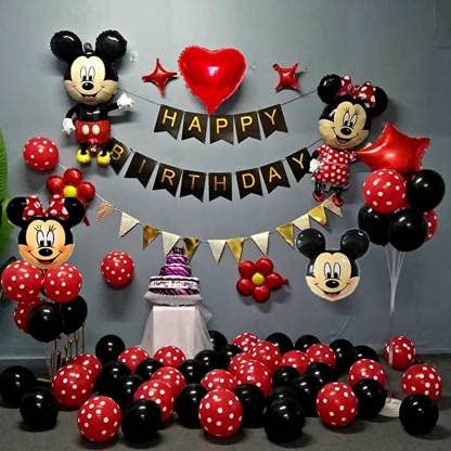 Decor and More Mickey Theme Foil Balloon Combo Black Happy Birthday Banner 25 Red Dotted 25 Black Metallic Balloons 1 Red Heart 1 Red Star for Birthday Party Baby Shower Decorations for Kids