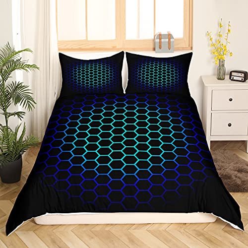 Loussiesd Hexagonal Bedding Set 3D Geometric Honeycomb Duvet Cover for Kids Boys Girls Luxury Beehive Hexagon Comforter Cover Neon Blue Teal Black Decor Bedspread Cover 2Pcs Single