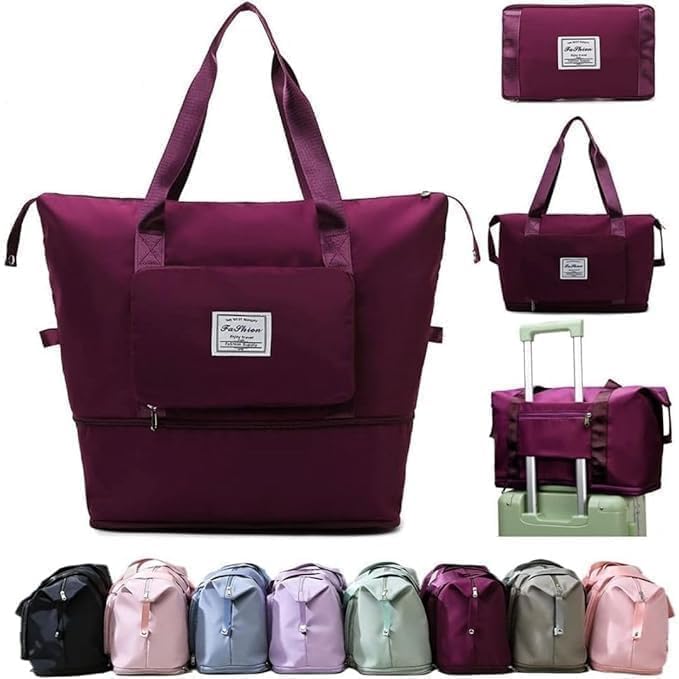 Nylon 41 Liter Expandable Travel Bags for Women, Duffle Bags for Women Luggage, Foldable Vanity Traveling Bag, Waterproof Hand Bag for Ladies Personal Items (Wine)