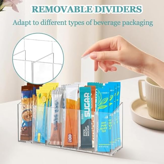 Drink Packet Organizer, Water Drink Packet Holder with Removable Divider, Water Flavor Packet Organization Container for Kitchen Organizers and Storage