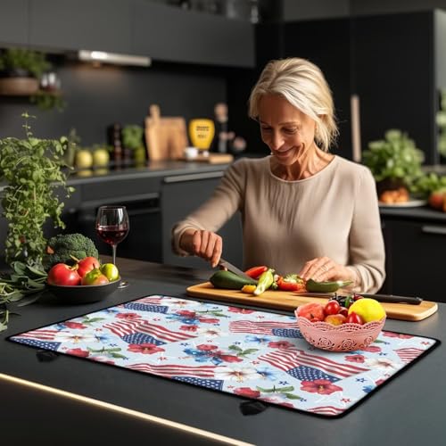 Image of Poceacles Electric Stove Top Cover Glass Stove Top Heat Resistant Oil Resistant Cooktop Protector Cover for 4th of July Patriotic Party Decor, American Flag Hibiscus Flower Blue