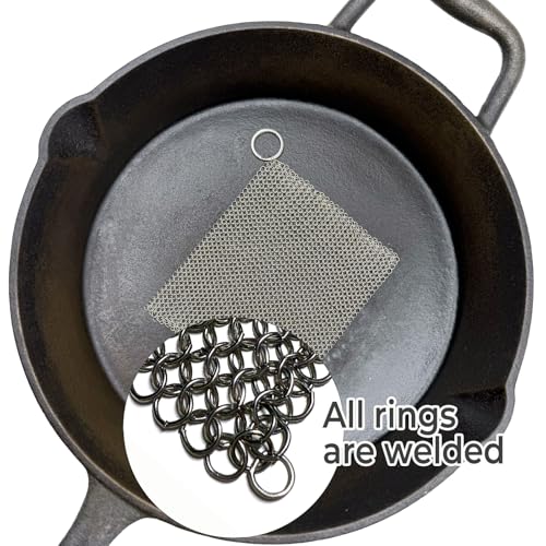 Image of Mesh Cast Iron Scrubber Fine Rings Welded Chainmail Scrubber for Cups, Skillet Cast Iron Cleaner (4 inchX4 inch)