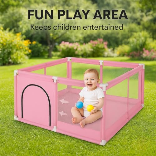 Image of Baby Playpen with Balls - Portable Play Yard with Mesh Panels for Safety & Visibility, Indoor /Outdoor Toddler Activity Fence for Boys & Girls (Pink)