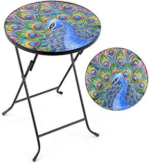 CHRISTOW Bistro Table Glass Top Round Folding Garden Patio Decoration Plant Stand (Painted Peacock)