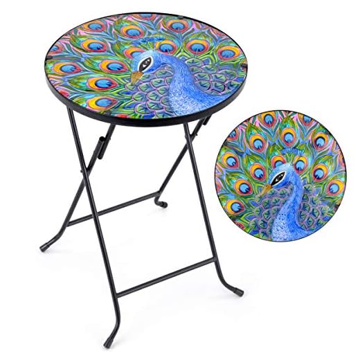 Bistro Table Glass Top Round Folding Garden Patio Decoration Plant Stand (Painted Peacock)