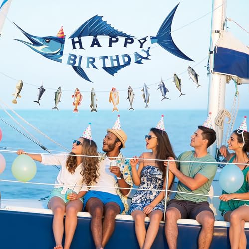 Image of Hooqict Shark Happy Birthday Banner Fishing Birthday Decorations Fish Party Banner Garland Sign for Boys Men Fisherman Sea Ocean Themed Shark Birthday Party Decorations