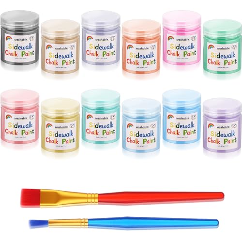 Faccito 12 Pcs Glitter Sidewalk Chalk Non Toxic Paint Kit Washable Powdered Chalks Mix in Water 12 Vibrant Colors with Paintbrush for Creative Sidewalk and Chalkboard Fun (classic)