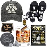 JoyAura 70th Birthday Gifts for Men - Gift Set for 70 Year Old Man's Unique Vintage with 1956 Beer Glass 4 ice Stones Keychain Personalised Hat Interesting Socks for Dad Grandfather Elder