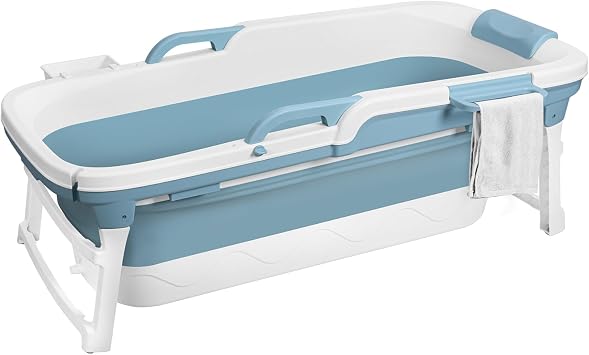 51/55 inch Portable Bathtub with Handle, Portable Soaking Bath Tub, Collapsible Tub for Adult, Effortless Foldable Freestanding Surround Tub for, Hot Bath, Ice Bath, No Lid Blue 51 inch