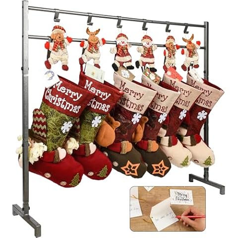 SAMRELAX Christmas Stocking Holder Stand for Floor, FreeStanding Stockings Rack with Christmas Greeting Cards and 12 Hooks, Ornaments, Holiday Deocr Hanger Display for Home Cover