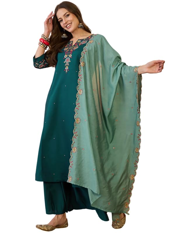Shimmer Silk Kurta Pant Dupatta Set For Womens | Regular Fit | 3/4 Sleeve | V Neck | Embroidered | Anarkali | Lightweight | Ethenic Dress | Ideal For Weddings & Parties-picture-16