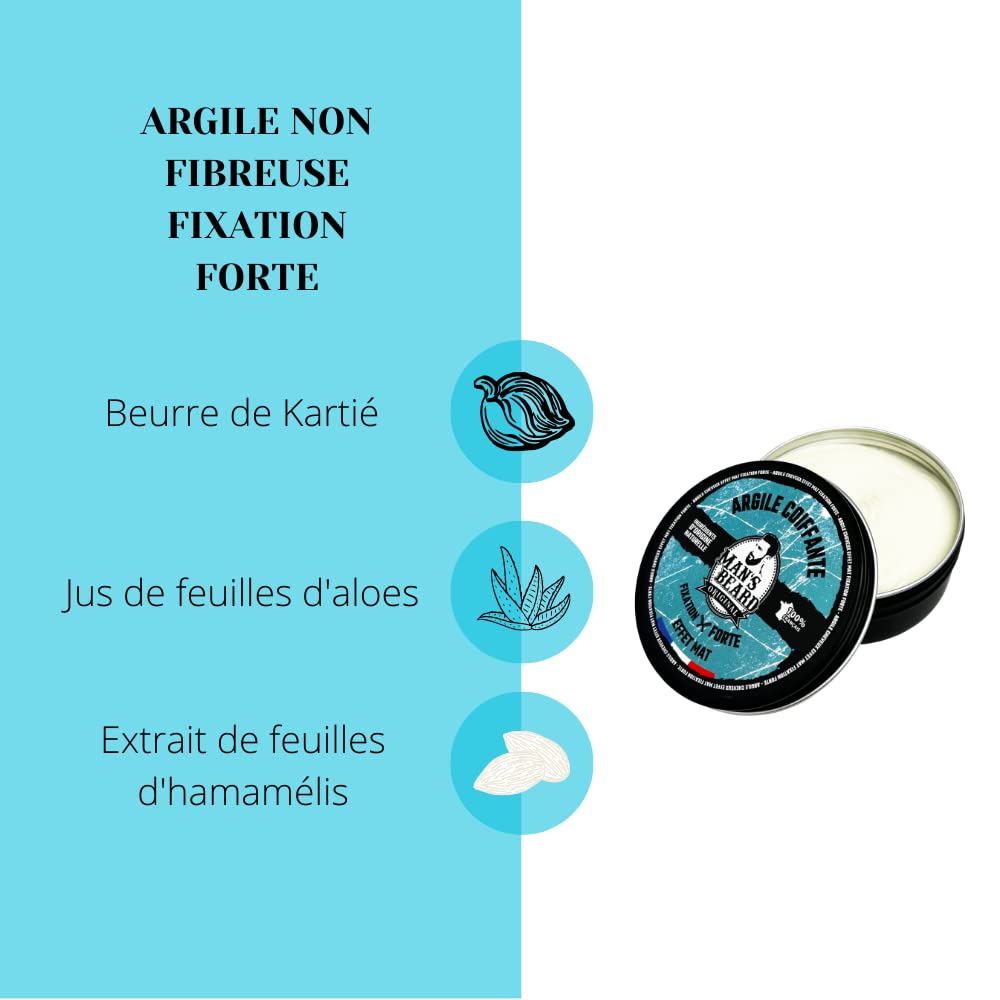 man's beard - Argile matifiante non fibreuse fixation forte - Ingrédients d'origine naturelle - 90 ml - 100% Fabriqué en France